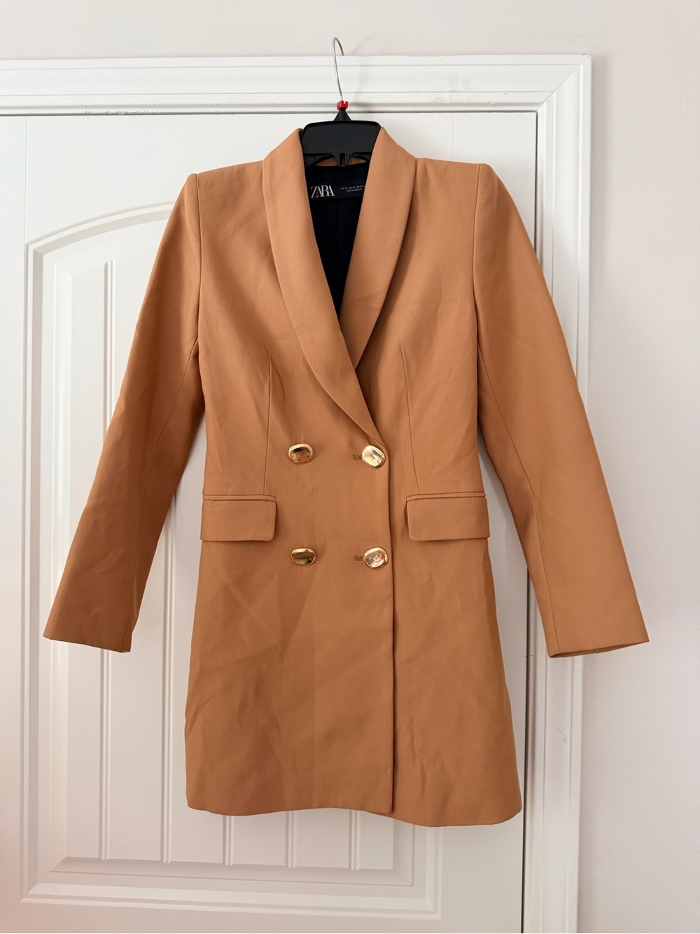 Zara Double-Breasted Camel Blazer with Gold Buttons